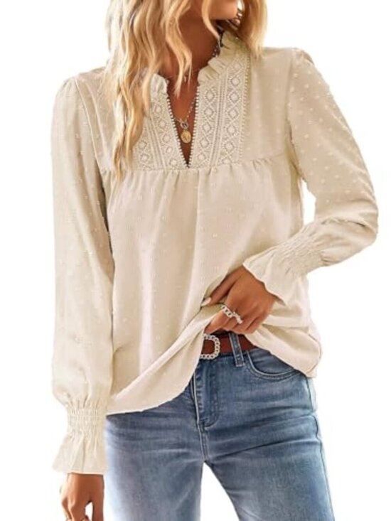 Dresses & Skirts - 🆕 Boho Tops for Women V Neck Blouses Flowy Swiss Dot Dressy Casual Lace Womens